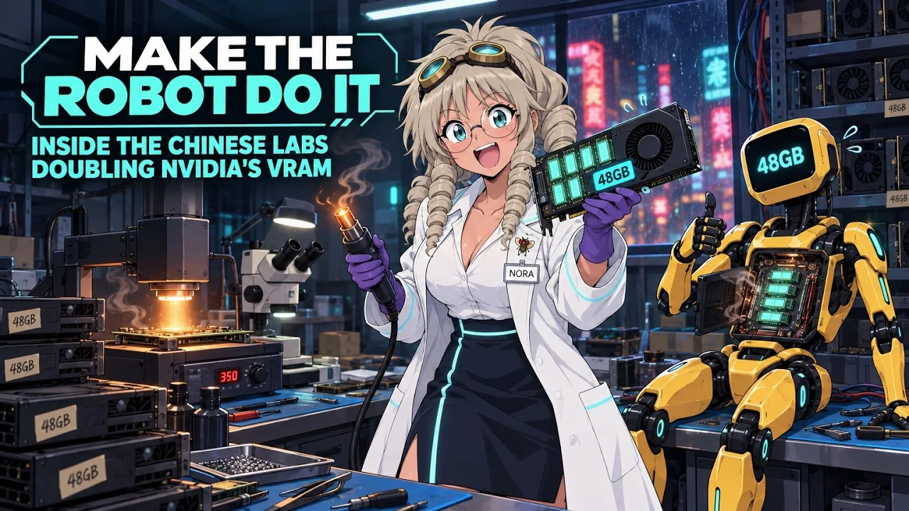 YouTube thumbnail for CRAZY! Chinese Labs Double VRAM on NVIDIA Cards!